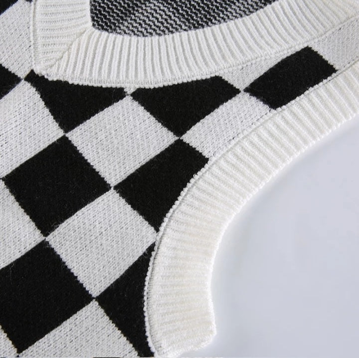 Cute Preppy Argyle Plaid Sweater Vest Sleeveless Knit Crop Top V Neck Shirt Aesthetic Casual Summer E-Girl Kawaii Korean Japanese Harajuku