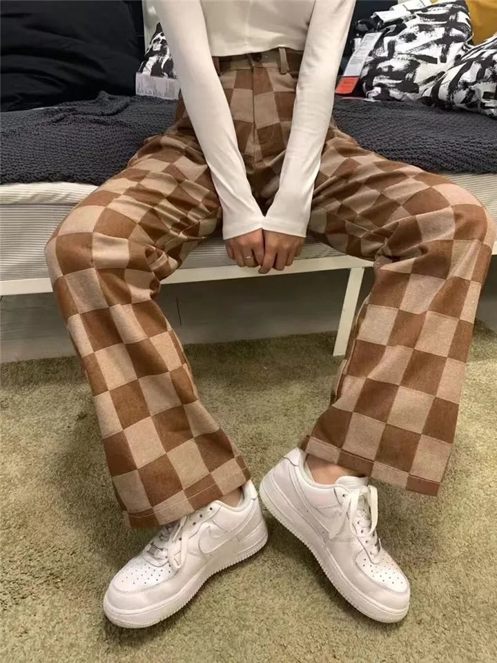 Brown Checkered High Waist Wide Leg Pants