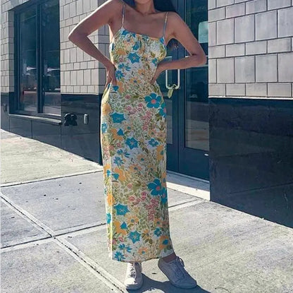 Floral Square Collar Long Bodycon Dress