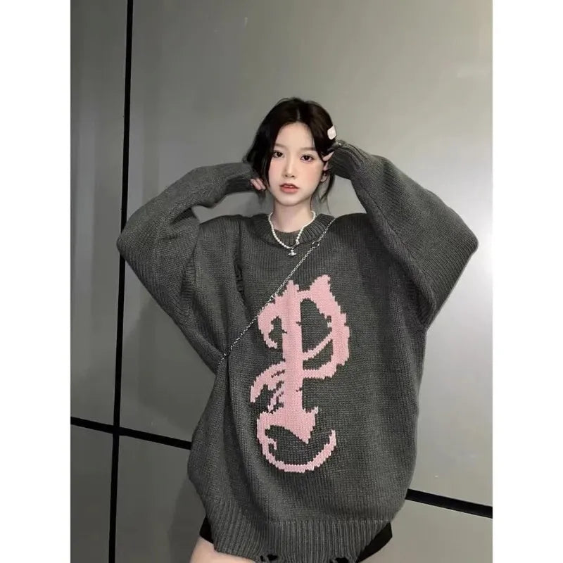 Grey Y2K Oversized Sweater