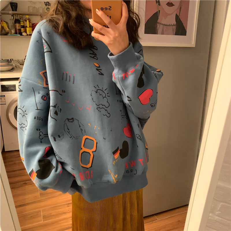 Cute Pastel Print Oversized Sweater Hoodie Pullover Korean Japanese Harajuku Chinese Retro Streetwear Aesthetic Fashion