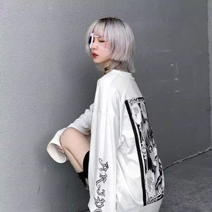 White Dark Anime Girl Cartoon Print Long Sleeve White T-Shirt Oversize Loose Vintage Goth Aesthetic E-Girl Kawaii Korean Japanese Harajuku Streetwear