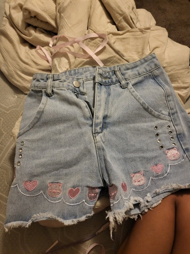 Cat Embroidery Pink Ribbon Denim Shorts