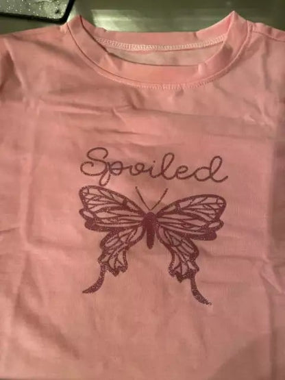 Cute Pink Butterfly Glitter Sparkle Print Crop Top Short Sleeve Shirt Tee T-shirt Summer Casual E-Girl Kawaii Korean Japanese Harajuku Streetwear