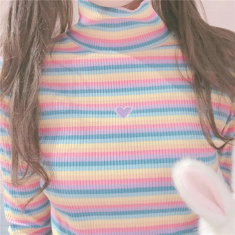 Cute Heart Sweet Rainbow Pastel Turtleneck Stripe Knit Long Sleeve Shirt Top Pullover Sweater E-Girl Kawaii Korean Japanese Harajuku Retro Streetwear
