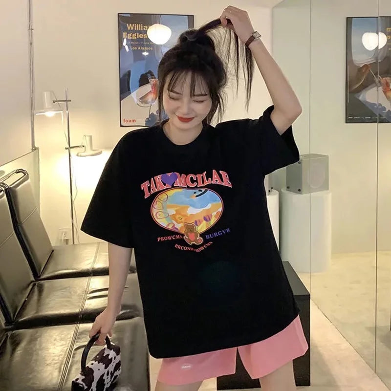 Cute Sweet Graffiti Bear Letter Print Short Sleeve Shirt Top Loose Oversize Aesthetic Casual Summer E-Girl Kawaii Korean Japanese Harajuku