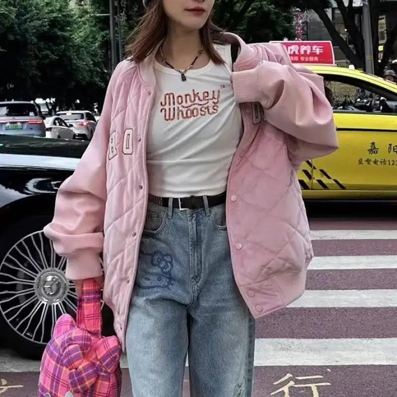 PU Cat Embroidery Thick Baseball Jacket