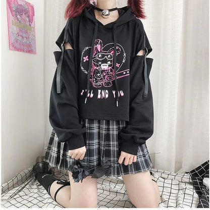 Rabbit Punk Print Hollow Out Hoodie