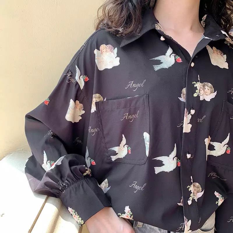 Vintage Angel Love Print Elegant Long Sleeve Shirt Blouse Top Lantern Sleeve Punk Grunge E-Girl Kawaii Korean Japanese Harajuku Streetwear