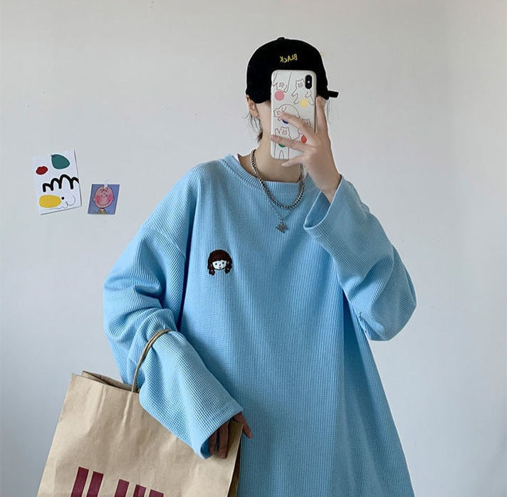 Girl Embroidery Waffle Sweater
