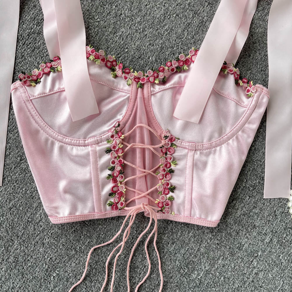 Pink Rose Lace Up Bustier Top