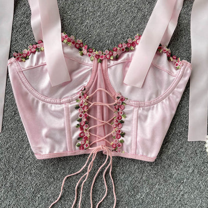 Pink Rose Lace Up Bustier Top