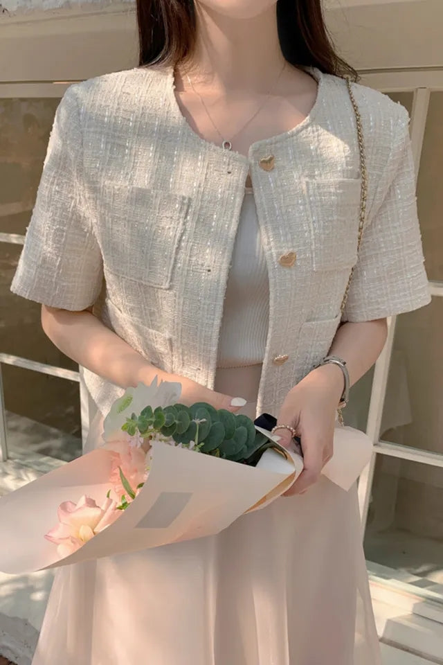 Heart Button Tweed Short Sleeve Blouse