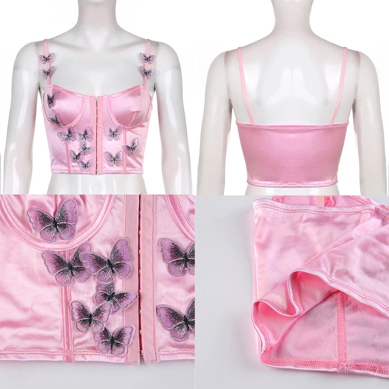 Cute Sexy Pink Satin Butterfly Corset Bustier Camisole Tank Crop Top Beach Party Summer Aesthetic Casual E-Girl Kawaii Korean Japanese Harajuku