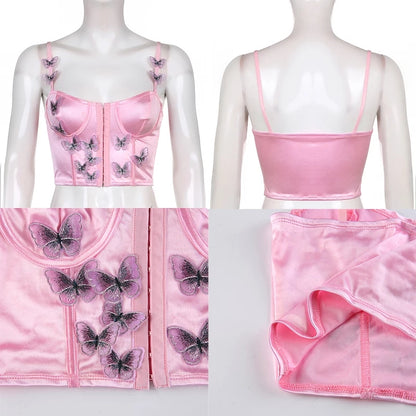 Cute Sexy Pink Satin Butterfly Corset Bustier Camisole Tank Crop Top Beach Party Summer Aesthetic Casual E-Girl Kawaii Korean Japanese Harajuku