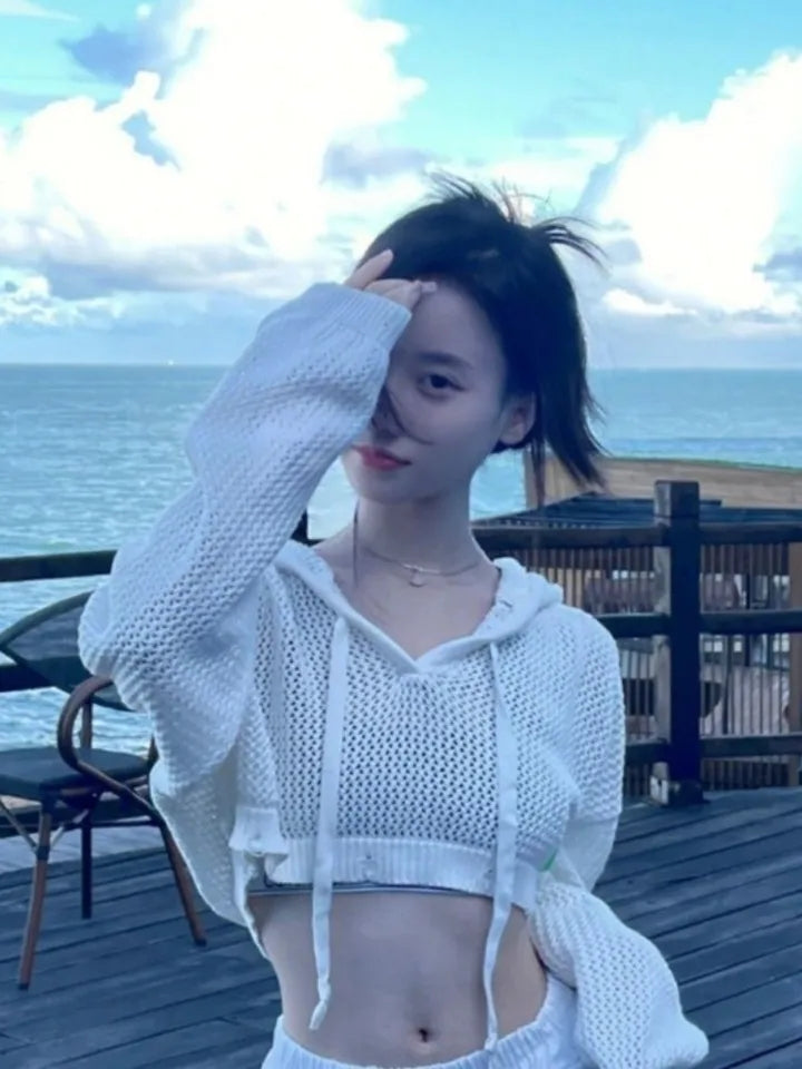 White Hollow Out Cropped Sweater