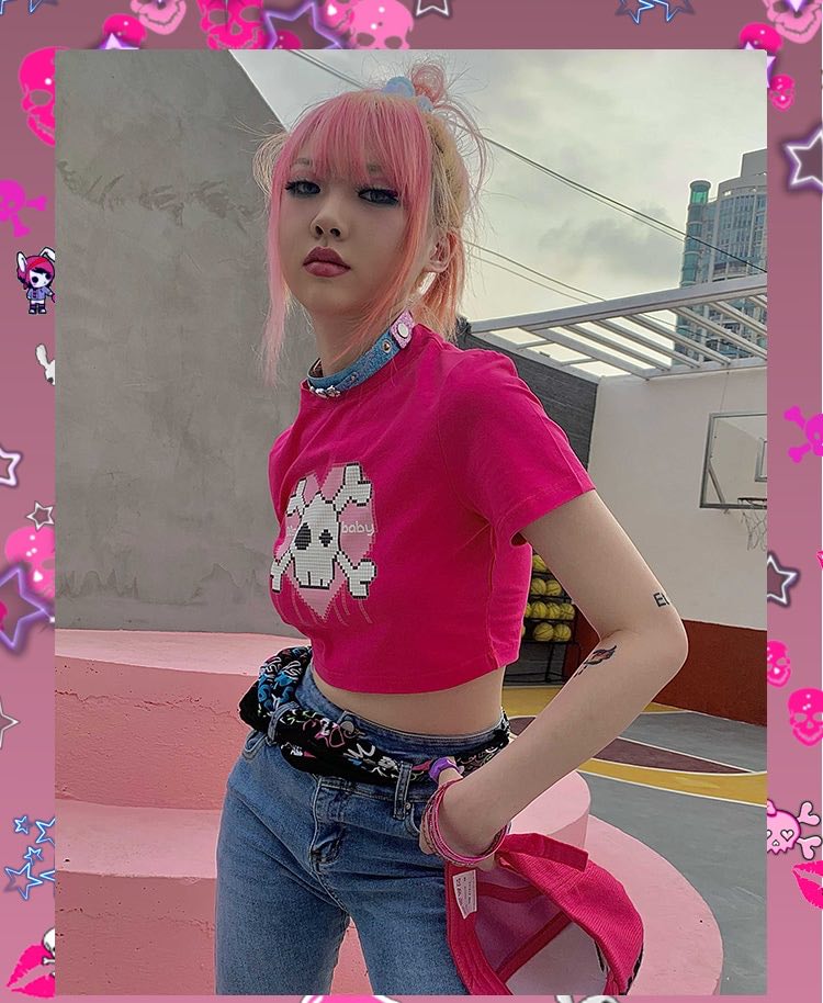 Cute Pink Love Heart Skull Print Short Sleeve T-shirt Crop Top Summer Casual Goth Punk E-Girl Kawaii Korean Japanese Harajuku Streetwear