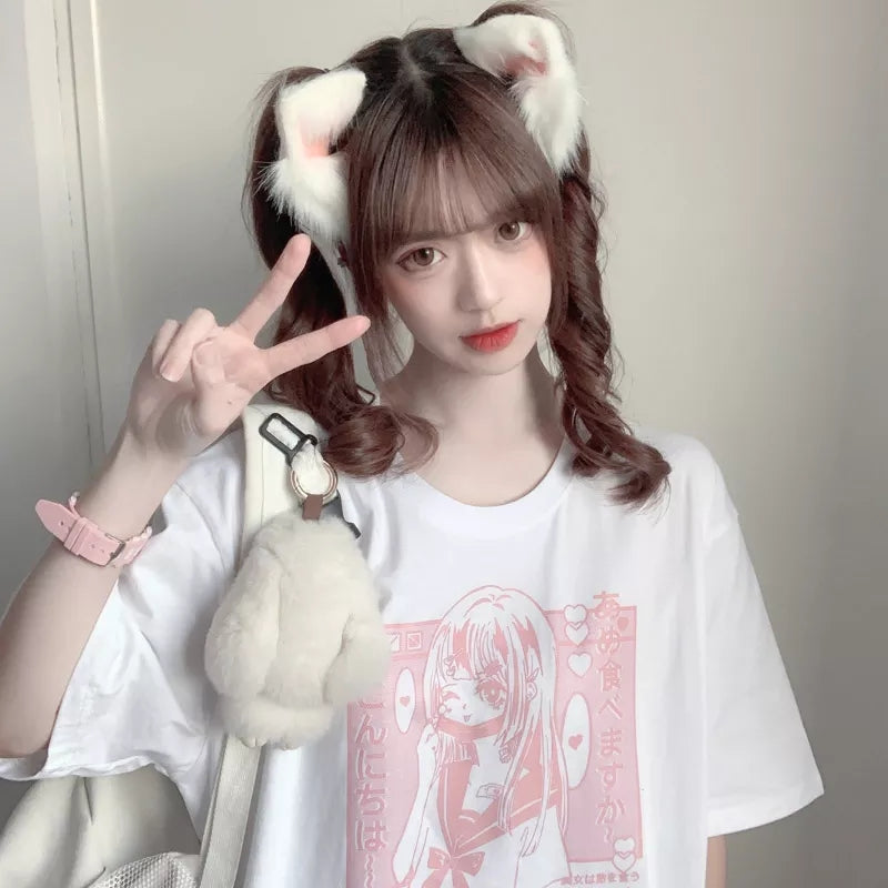 Pastel Pink Anime Girl Print Short Sleeve T-shirt