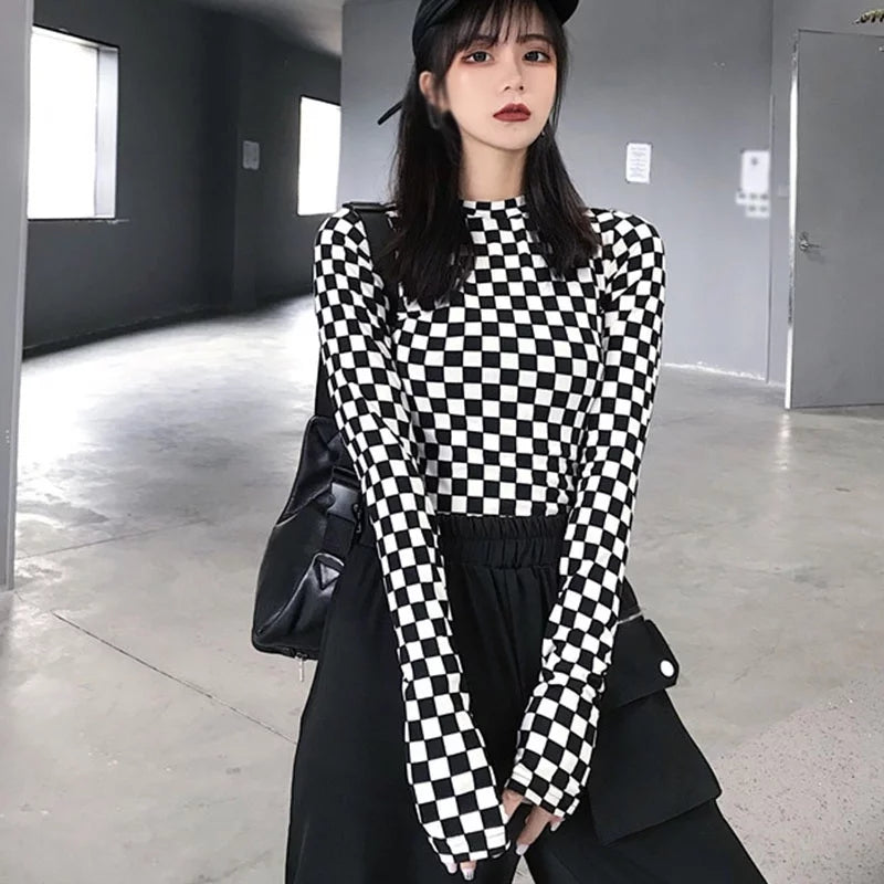 Cute Black White Checkerboard Plaid Long Sleeve Shirt Top Punk Goth Aesthetic Casual E-Girl Kawaii Korean Japanese Harajuku