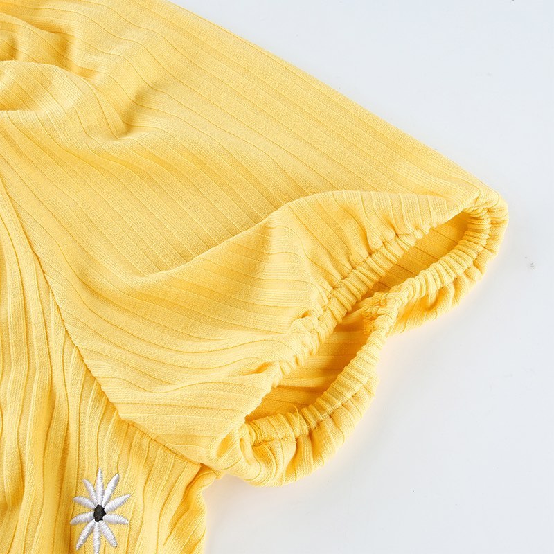 Cute Yellow Flower Embroidery Button V Neck Short Sleeve Shirt Crop Top Cardigan Summer Aesthetic E-Girl Kawaii Korean Japanese Harajuku Streetwear