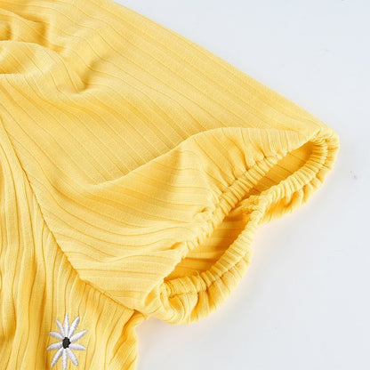 Cute Yellow Flower Embroidery Button V Neck Short Sleeve Shirt Crop Top Cardigan Summer Aesthetic E-Girl Kawaii Korean Japanese Harajuku Streetwear