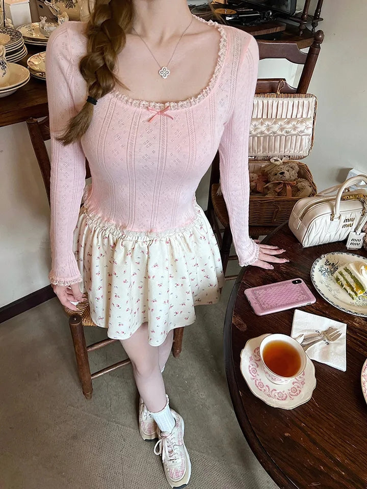 Pink Bow Lace Trim Long Sleeve Shirt