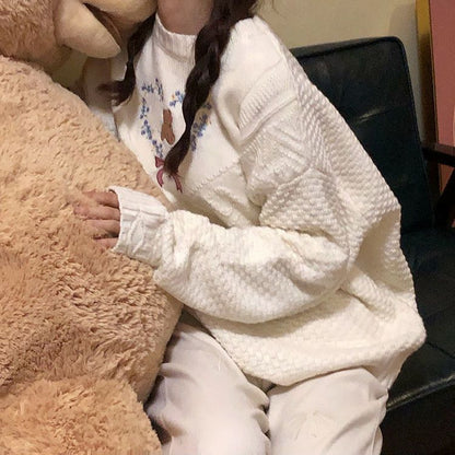 Heart Bear Flower Bow Embroidery Knit Sweater