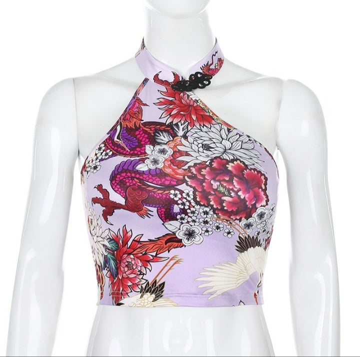 Cute Sexy Dragon Flower Print Halter Sleeveless Backless Crop Tank Top Summer Aesthetic Casual E-Girl Kawaii Korean Japanese Harajuku