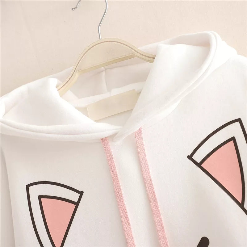 Cute Cat Kitten Ear Cartoon Print Funny Hoodie Long Sleeve Pullover Sweatshirt Aesthetic Casual E-Girl Kawaii Korean Japanese Harajuku