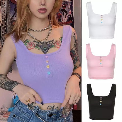 Cute Pastel Purple Heart Button Ribbed Knit Crop Top Causal Tank Top Casual Camisole T-shirt Tee E-Girl Kawaii Korean Japanese Harajuku Streetwear