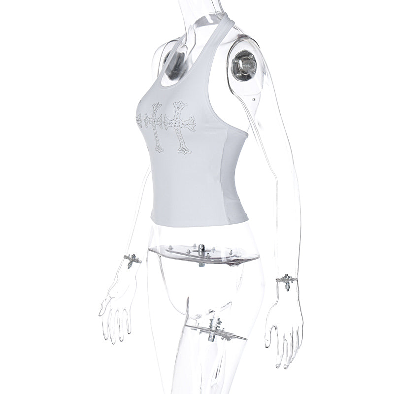 White Cross Rhinestone Halter Top