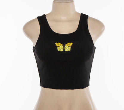 Sexy White Butterfly Embroidery Crop Top Camisole Tank Sleeveless T-shirt Tee Shirt E-Girl Kawaii Korean Japanese Harajuku Retro Streetwear Fashion