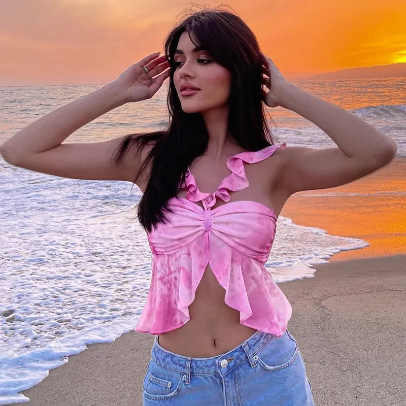 Pink Tie Dye V Neck Ruffle Crop Top