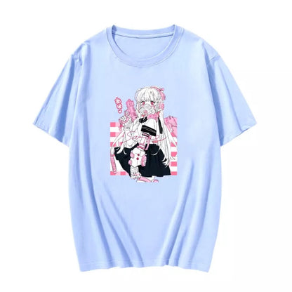Cute Pink Black Sweet Vintage Anime Girl Cartoon Loose Short Sleeve Shirt Tee T-shirt Summer Casual E-Girl Kawaii Korean Japanese Harajuku Streetwear