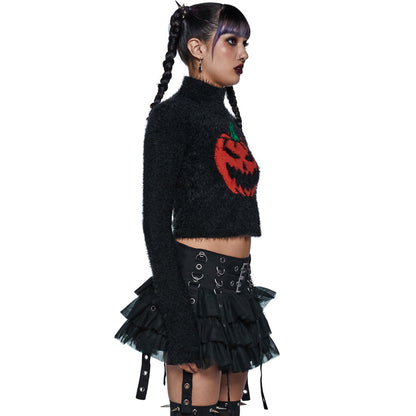 Black Fluffy Pumpkin Turtleneck Sweater