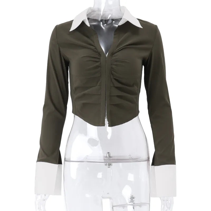 Polo Neck Low Cut Ruched Long Sleeve Crop Top
