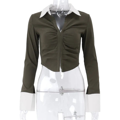 Polo Neck Low Cut Ruched Long Sleeve Crop Top