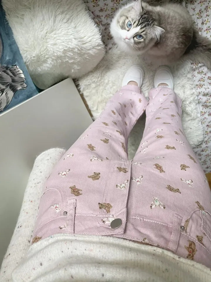 Pink Teddy Bear Print Straight Leg Pants