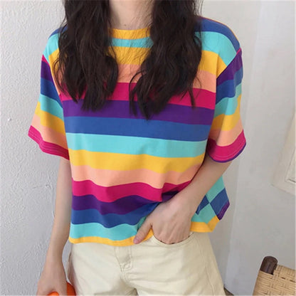Cute Causal Pastel Rainbow Colorful Stripe Loose Round Neck Short Sleeve Tee Shirt T-shirt Top E-Girl Kawaii Korean Japanese Harajuku Retro Streetwear
