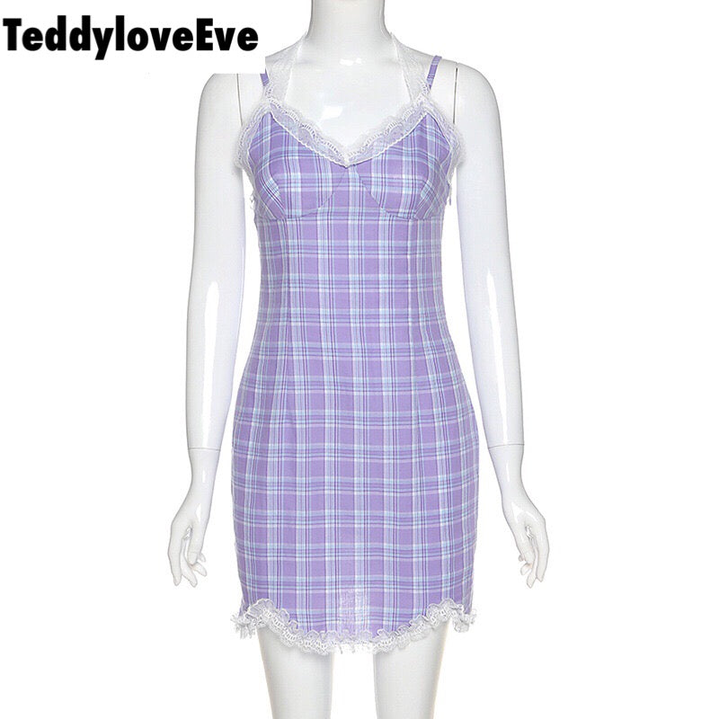 Cute Sexy Plaid Halter V Neck Lace Spaghetti Strap Bodycon Mini Dress Party E-Girl Kawaii Korean Japanese Harajuku Chinese Retro Streetwear Aesthetic