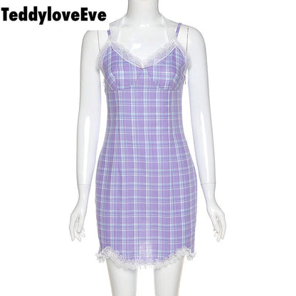 Cute Sexy Plaid Halter V Neck Lace Spaghetti Strap Bodycon Mini Dress Party E-Girl Kawaii Korean Japanese Harajuku Chinese Retro Streetwear Aesthetic