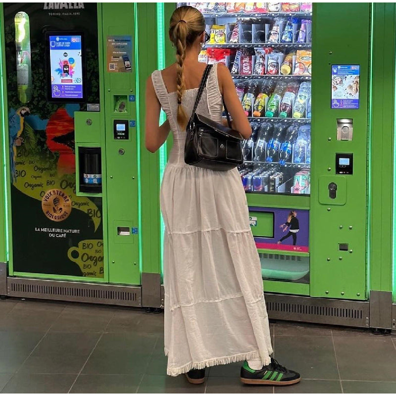 White Pleated Lace Up Square Collar Ruffle Maxi Dress