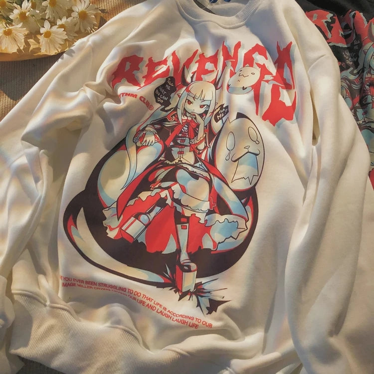 Cute Black Anime Girl Cartoon Print Long Sleeve Shirt Sweatshirt Pullover Goth Punk Aesthetic Casual Summer E-Girl Kawaii Korean Japanese Harajuku