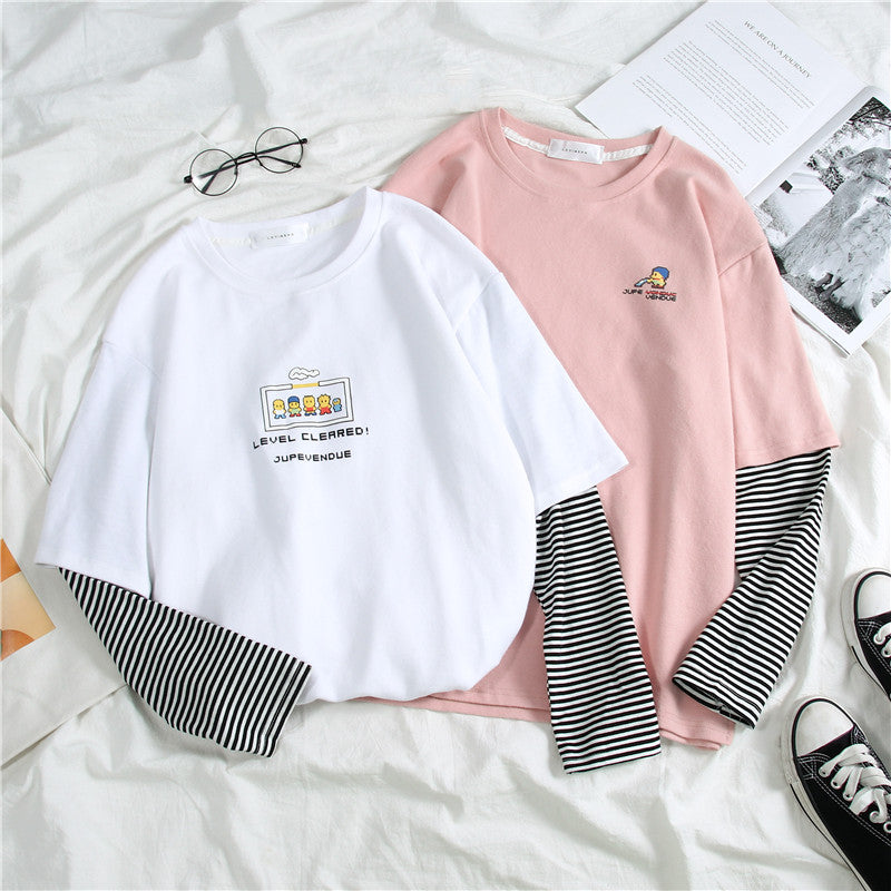 Cute Casual Letter Stripe Patchwork Long Sleeve Tee Shirt T-shirt Top Spring Summer O-neck E-Girl Kawaii Korean Japanese Harajuku Retro Streetwear