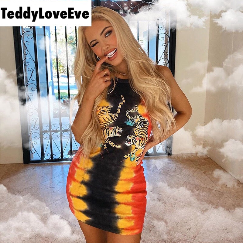 Cute Sexy Tiger Punk Tie Dye Graphic Ribbed Sleeveless Bodycon Dress E-Girl Kawaii Korean Japanese Harajuku Chinese Retro Streetwear Aesthetic