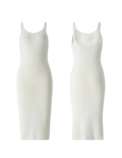 White Knit Spaghetti Strap Bodycon Mini Dress