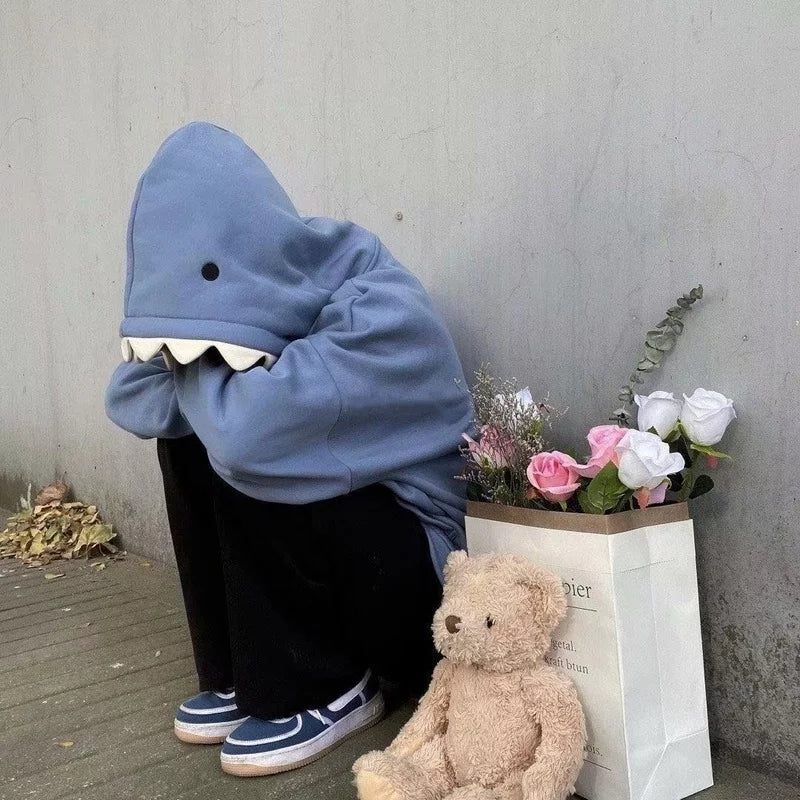 Cute Funny Shark Cartoon Patchwork Oversize Hoodie Sweatshirt Long Sleeve Pullover Aesthetic Casual E-Girl Kawaii Korean Japanese Harajuku