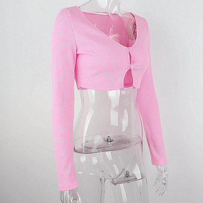 Pink Ribbed Long Sleeve Crop Top