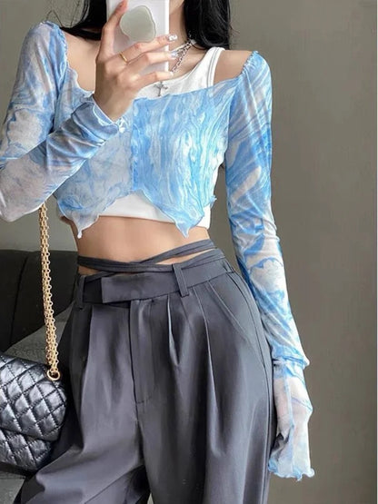 Blue Tie Dye Mesh Crop Top