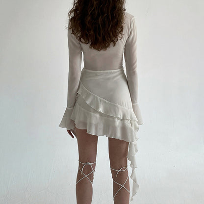 White Ruffle A-Line Chiffon Long Sleeve Flare Dress